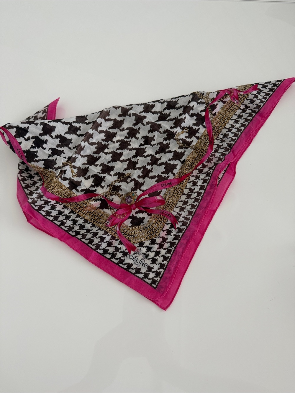 Celine Black & White Houndstooth Silk Scarf with Pink Trim - Picture 5 of 5